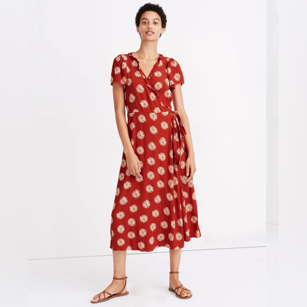 Madewell Red & Cream Midi Wrap Dress Daisy Print